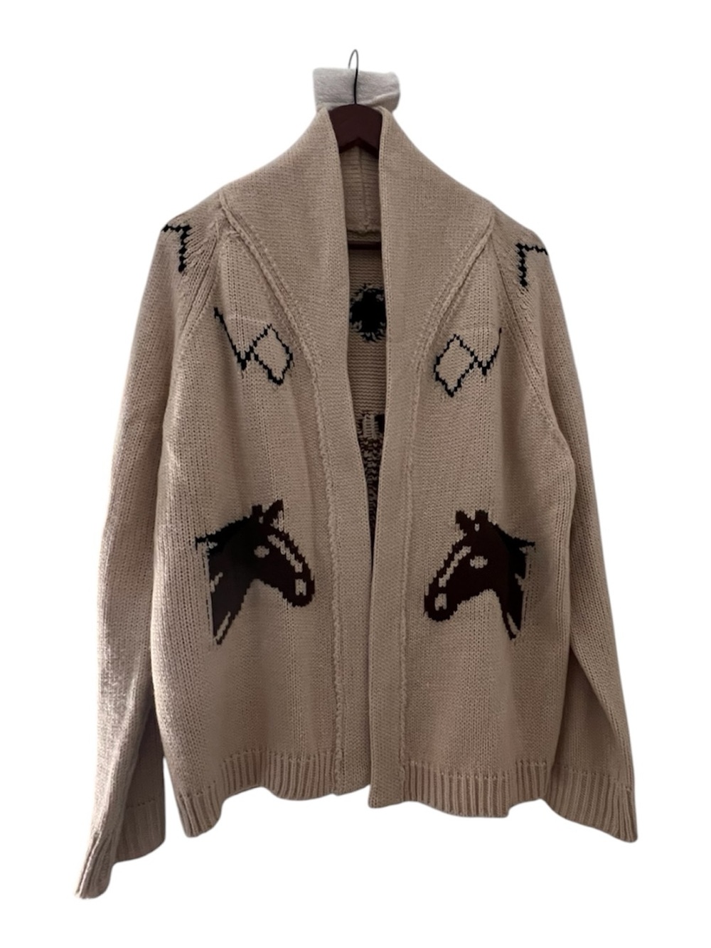 Beige Horse Motif Open-Front Women's Cardigan Sweater